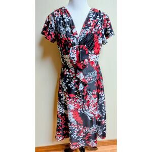 JBS Limited Size M Black Red Floral Wrap Dress V-Neck Ruffle Front Midi Satin Sh